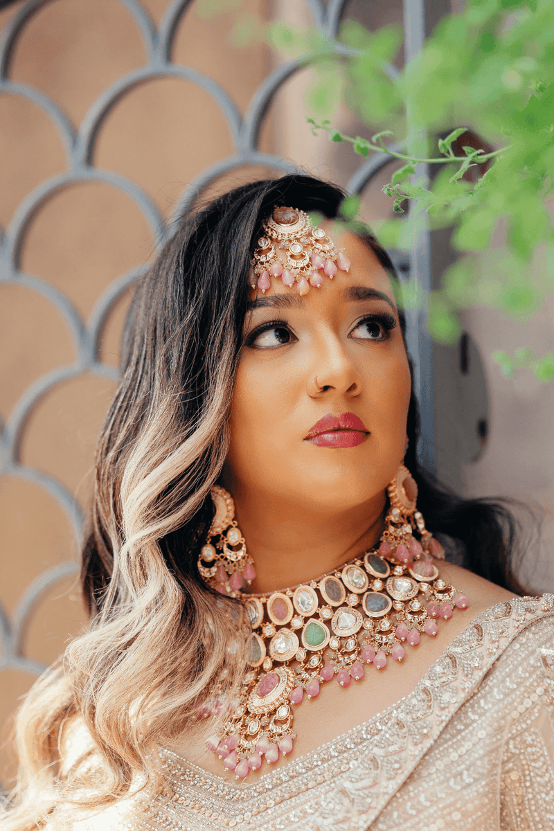 Shompa Kabir multi-pastel Moissanite Polki bridal choker set with gold plating, statement earrings, and maang tikka for bridal wear | Indian Bridal Jewelry | Indian Jewelry