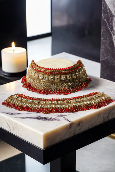Soha artisan crafted bridal statement ankle set for Desi brides in antique gold and red with white stones