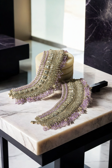 Soha artisan crafted bridal statement ankle set for Desi brides in silver and lavendar with white stones