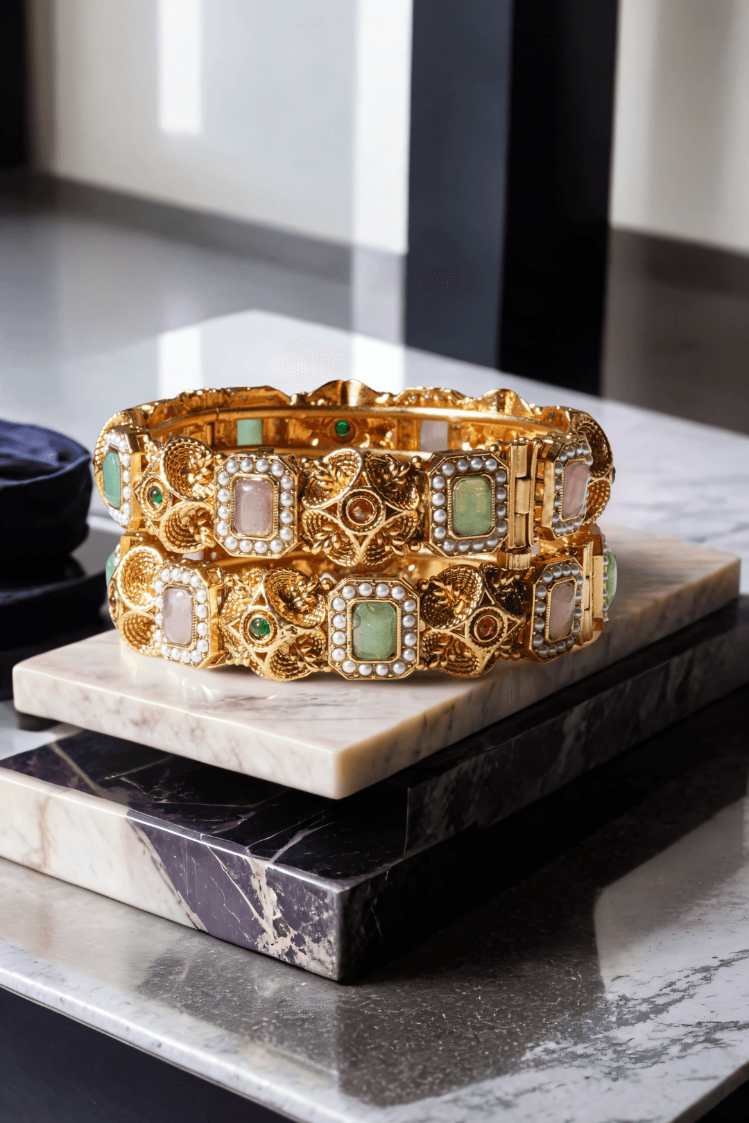 Set of matte gold South Asian bangles with pastel stones and faux pearl detailing from Inaury