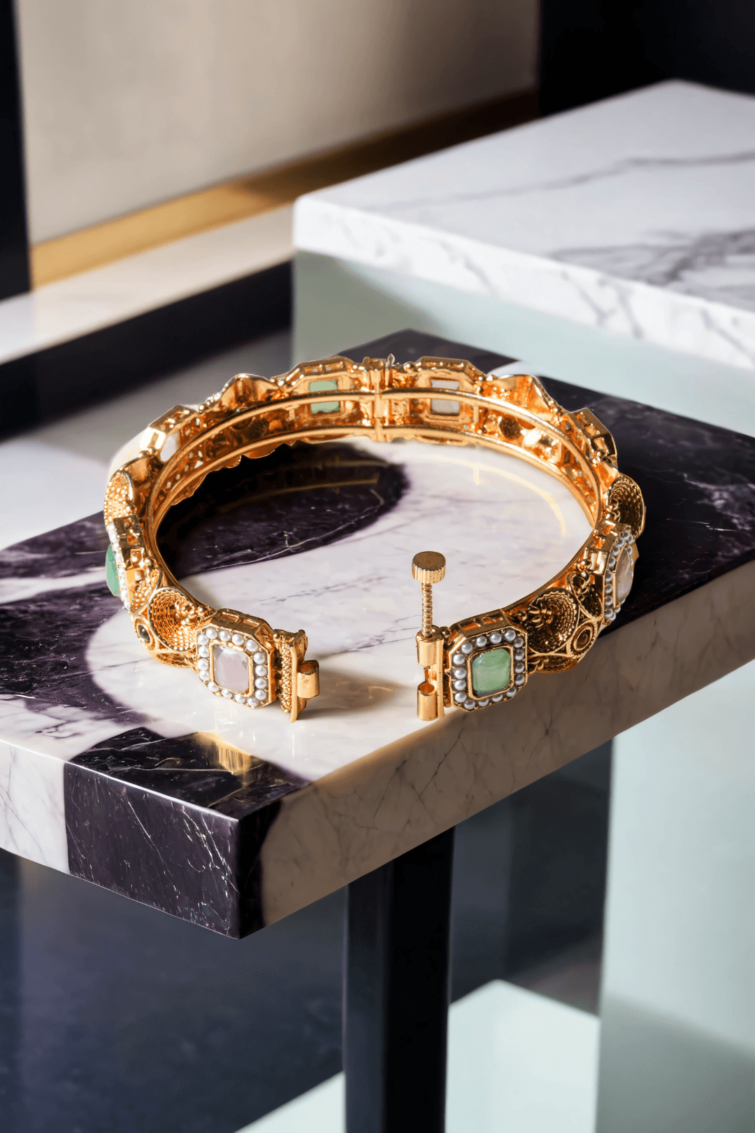 Set of matte gold South Asian bangles with pastel stones and faux pearl detailing from Inaury