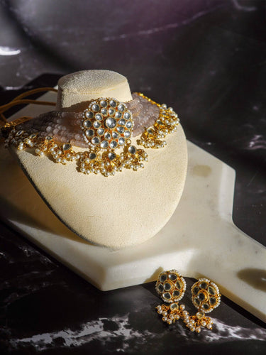 Aaina gold-plated kundan choker necklace set with gray beads and floral stud earrings – Indian jewelry from Inaury

