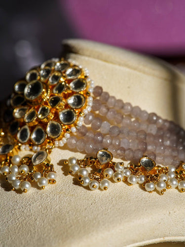 Aaina gold-plated kundan choker necklace set with gray beads and floral stud earrings – Indian jewelry from Inaury