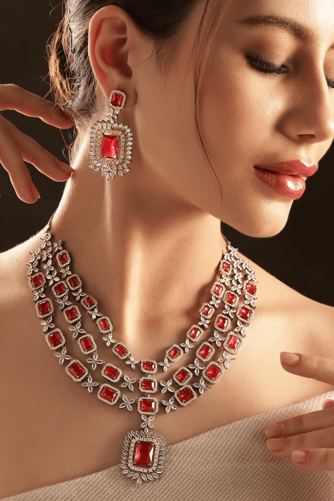 Amisha - Triple Layer Diamante Accent AD Necklace Set Multilayer Necklace Set from Inaury
