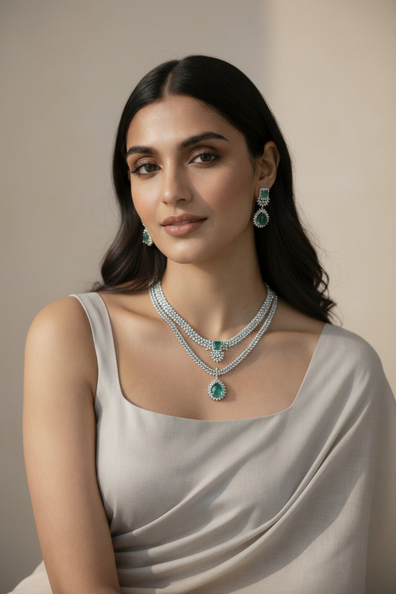 Amore Rhodium Plated Double-Layer AD Necklace Set