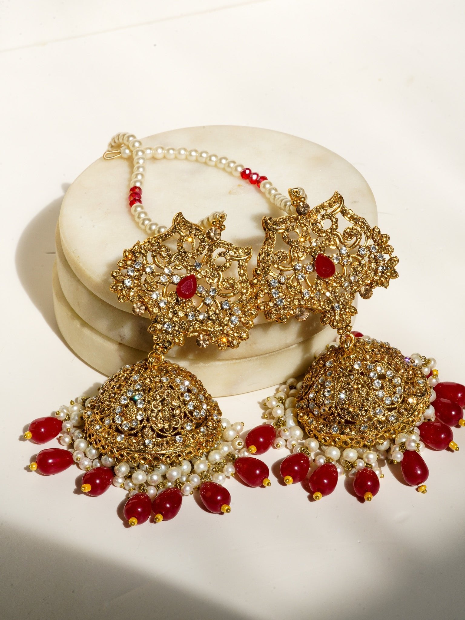 Amreen - Gold Plated Red Bridal Set (5 pc) Bridal Set from Inaury