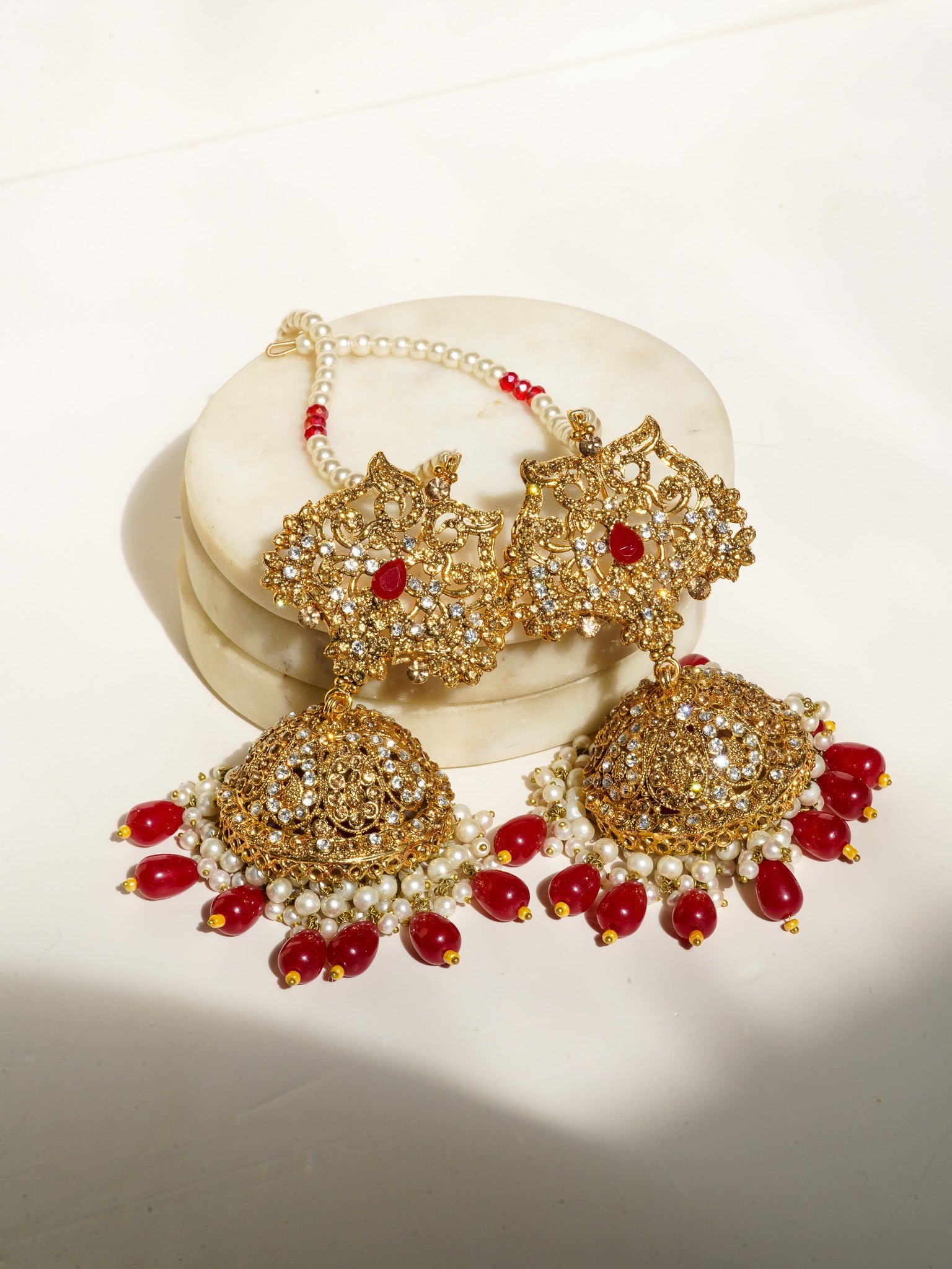 Amreen - Gold Plated Red Bridal Set (5 pc) Bridal Set from Inaury