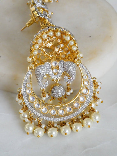 Gold-plated kundan jhumka earrings with sculpted bird motif and pearl danglings – Inaury.com