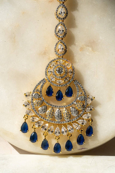Close Up Gold-Plated Multicolor AD Maang Tikka with Sapphire Blue and White Stones