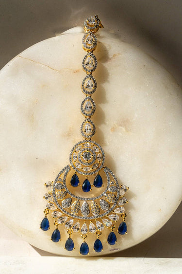 Close Up Gold-Plated Multicolor AD Maang Tikka with Sapphire Blue and White Stones