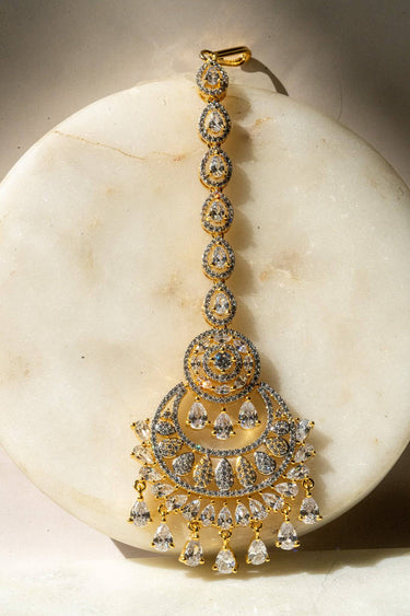 Gold-Plated Multicolor AD Maang Tikka with Light pink and White Stones