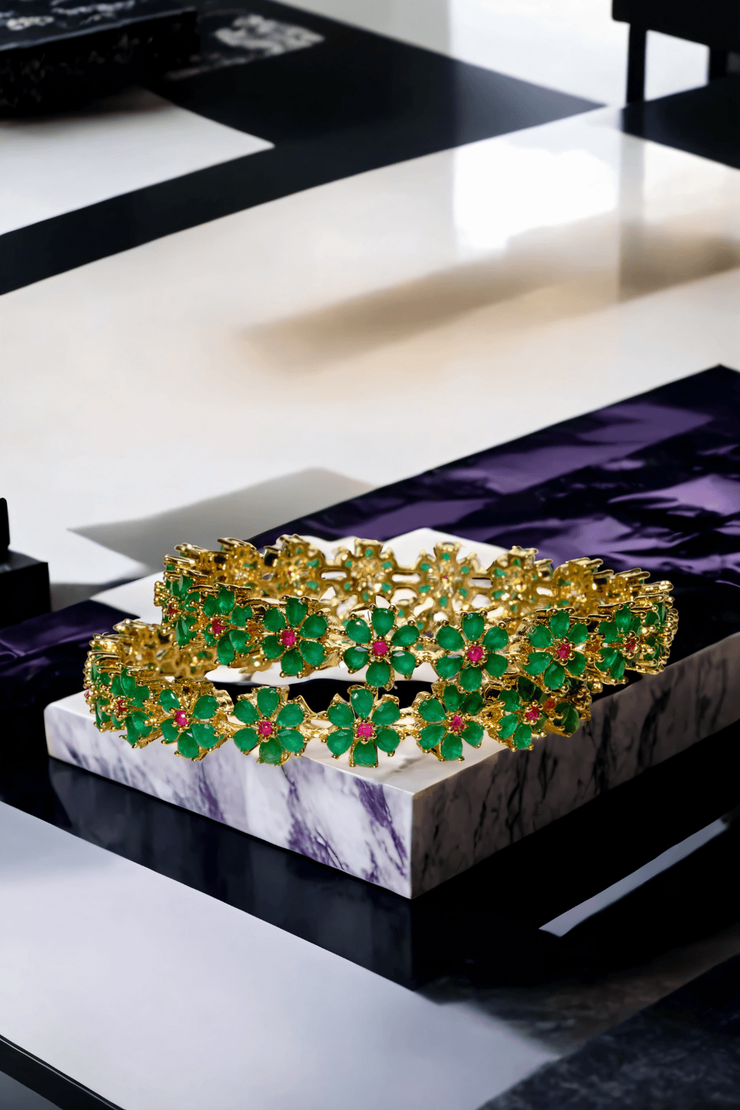 Green floral bangles from Arika gold-plated set displayed on marble. Elegant accessory for ethnic and festive fashion.