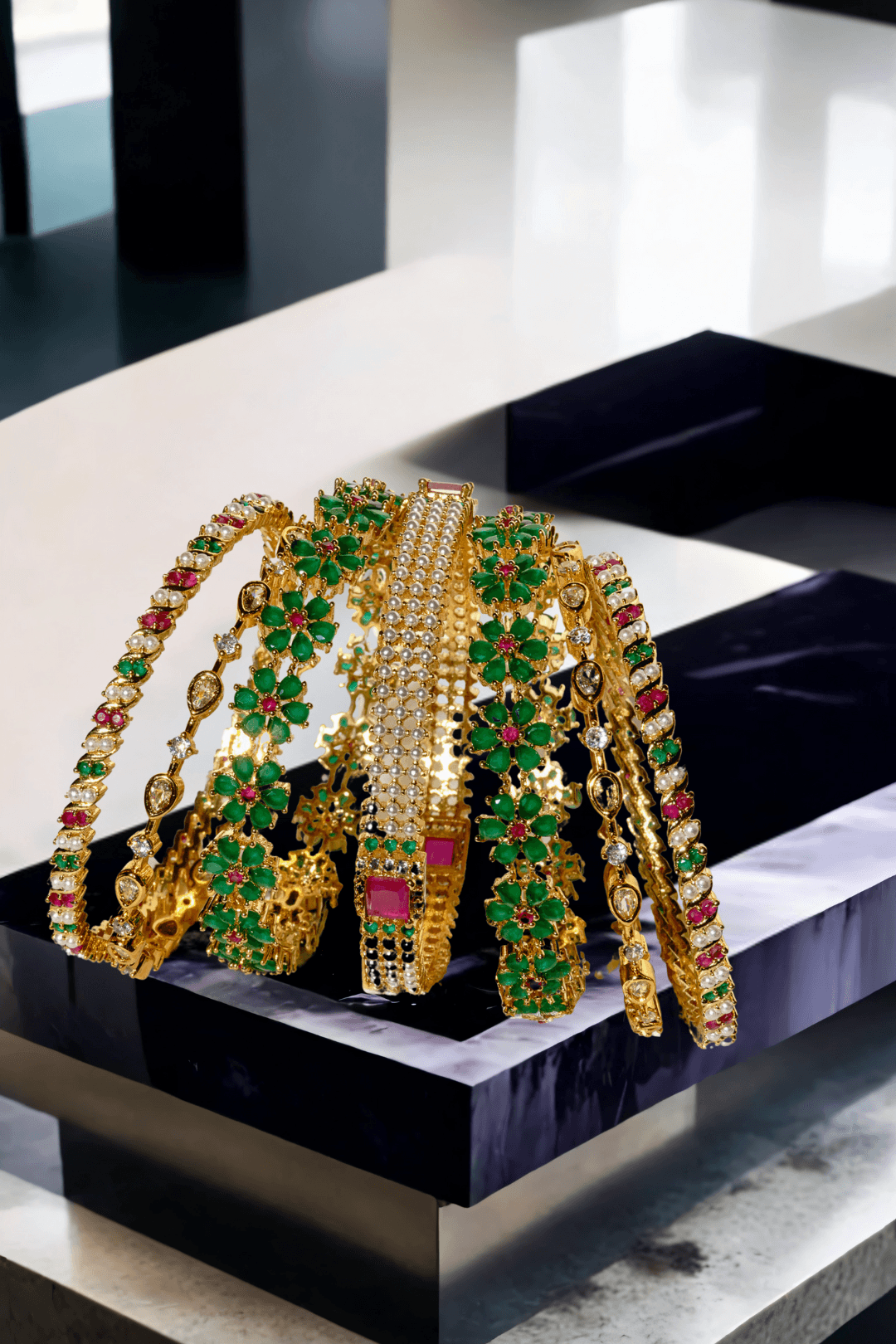 Arika 7-piece floral bangle set with gold plating and gemstone accents. Premium jewelry for bridal and festive collections.