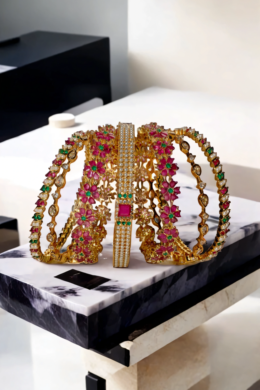Ruby floral bangles from Arika gold-plated set displayed on marble. Traditional 7-piece jewelry for ethnic and celebration wear.