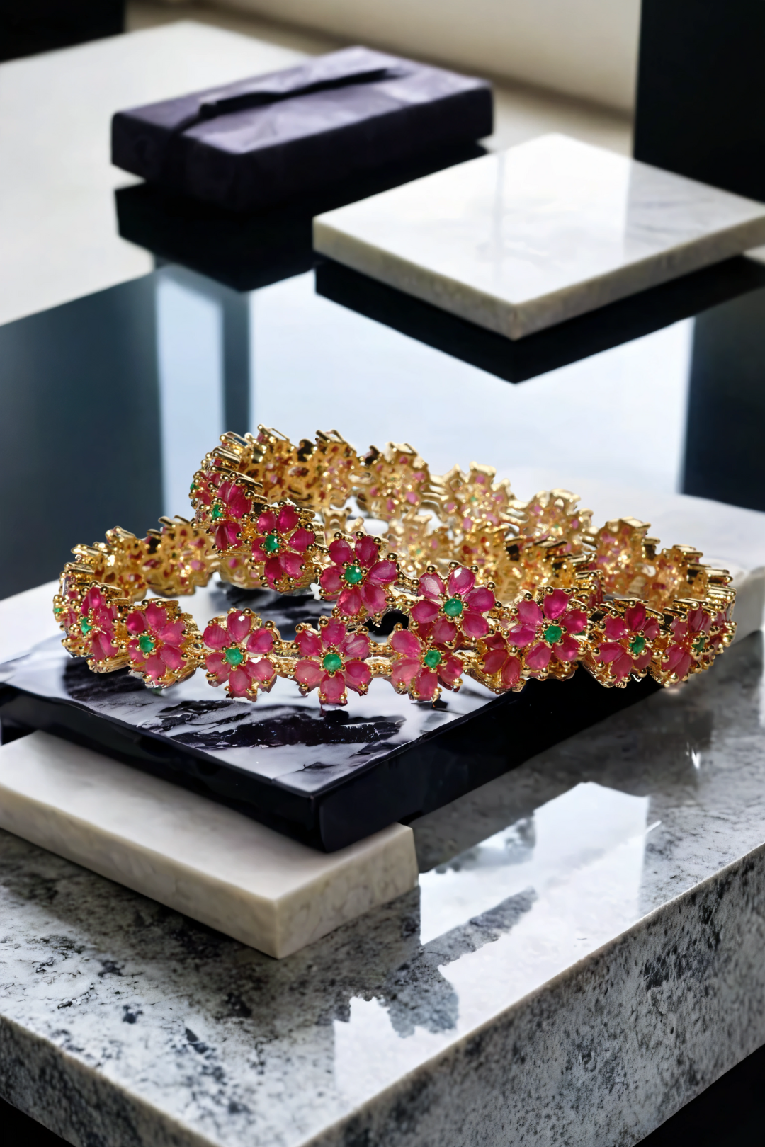 Ruby floral bangles from Arika 7-piece gold-plated set. Traditional jewelry perfect for weddings and celebrations.