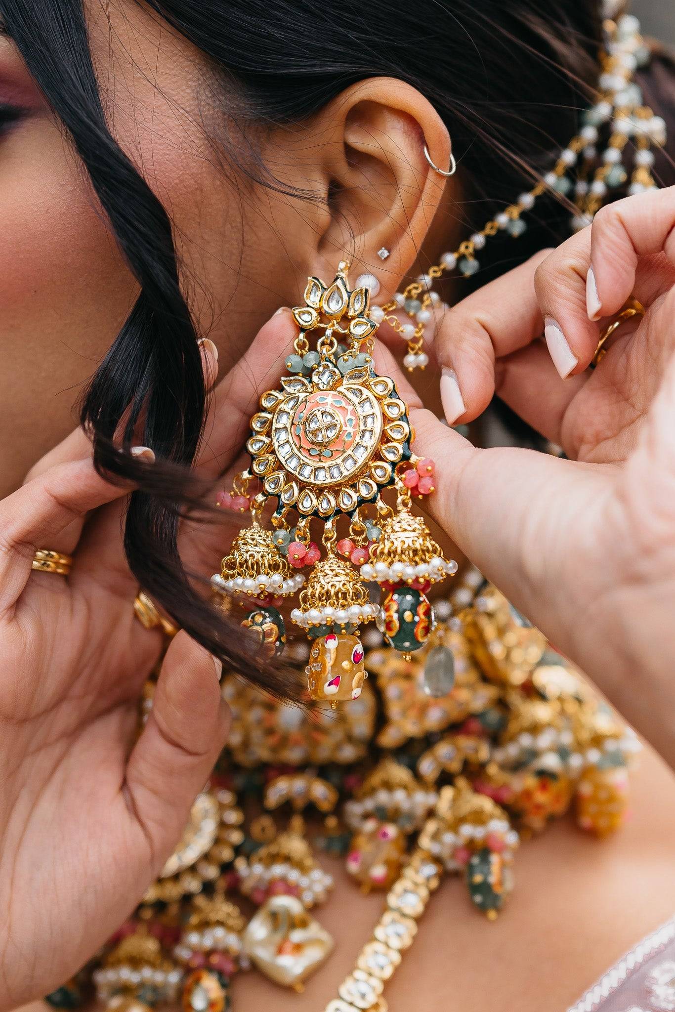 Arthi Bridal Set - Gold-plated with Polki, Kundan, and Meenakari work, featuring an oversized choker necklace, layered long necklace, matching earrings, and Maang Tikka.