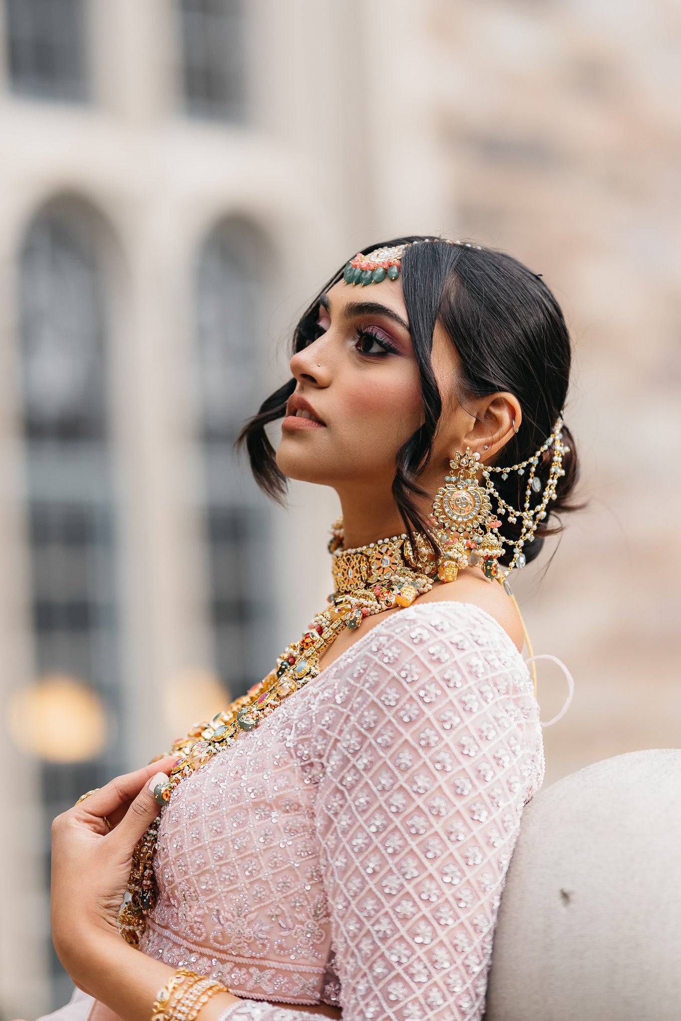 Arthi Bridal Set - Gold-plated with Polki, Kundan, and Meenakari work, featuring an oversized choker necklace, layered long necklace, matching earrings, and Maang Tikka.