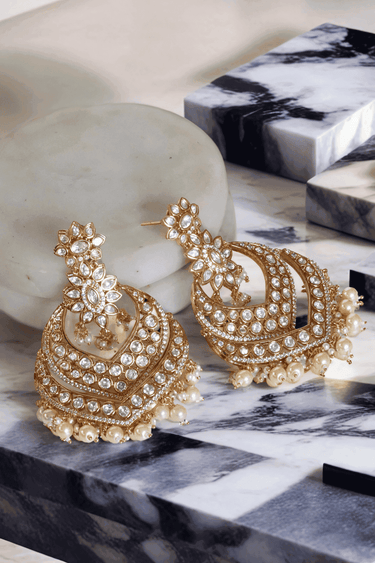 Ashmi moissanite polki chandbali earrings with pearl drops and diamanté accents. Indian earrings from Inaury