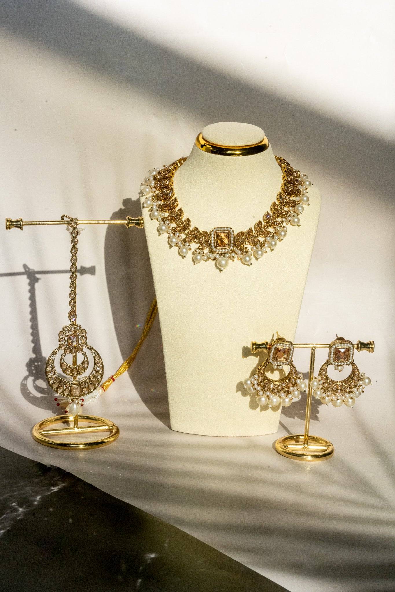 Ayana mehendi-plated Indian choker necklace set in champagne and mehendi gold plating