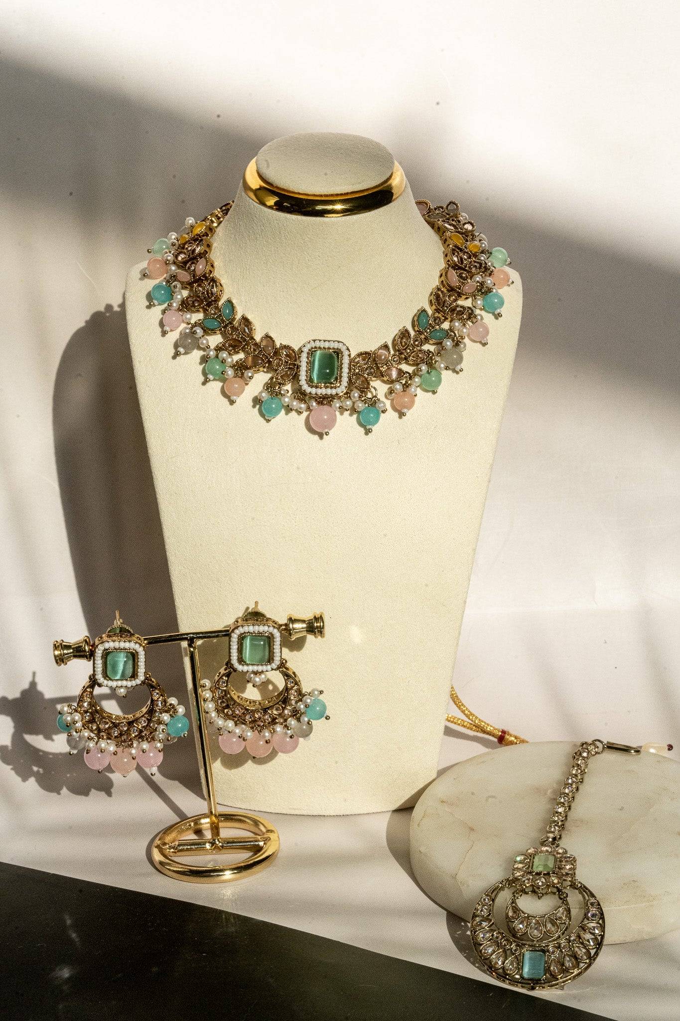Ayana mehendi-plated Indian choker necklace set in pastel multicolors and mehendi gold plating