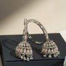Disha blush pink AD hoop jhumka earrings on black jewellery gift box rhodium plated South Asian occasion earrings