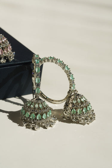Disha mint green AD hoop jhumka earrings full pair view rhodium plated South Asian festive occasion jewellery