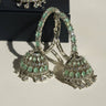 Disha AD hoop jhumka earrings both colour variants blush pink and mint green rhodium plated South Asian occasion jewellery