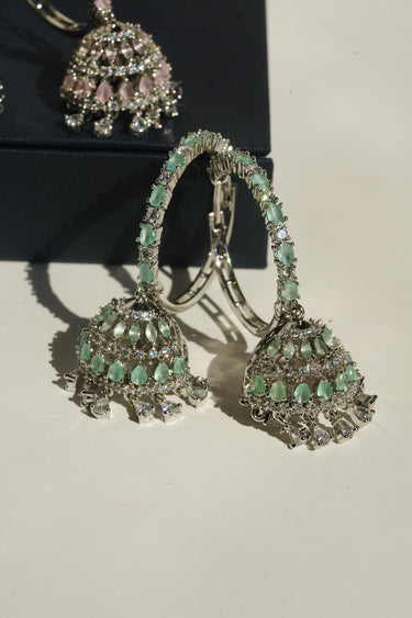 Disha AD hoop jhumka earrings both colour variants blush pink and mint green rhodium plated South Asian occasion jewellery