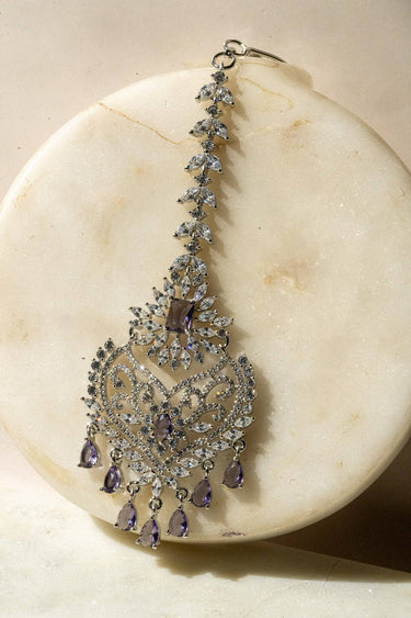 Rhodium-Plated Multicolor AD Maang Tikka with Purple and White Stones