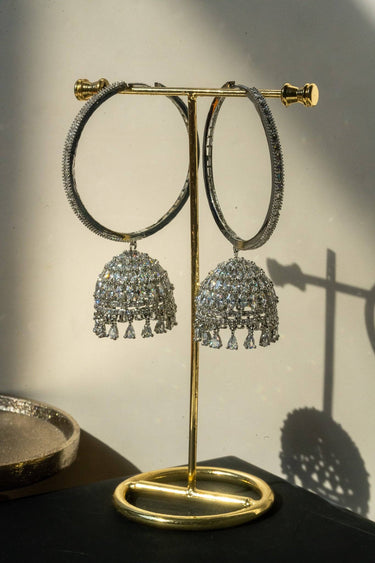Gina Hoop Jhumka Earrings displayed on a stand with diamante details