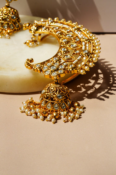 Gold Plated Peacock Crescent Ear Cuff Jhumka Earrings - Maharani