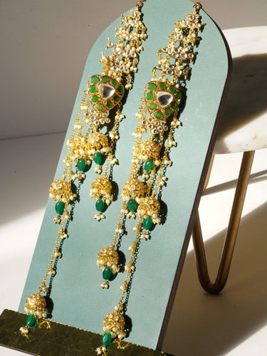 Gold-plated long jhumka earrings with moissanite polki stones, pearls, and green enamel - Indian earrings from Inaury