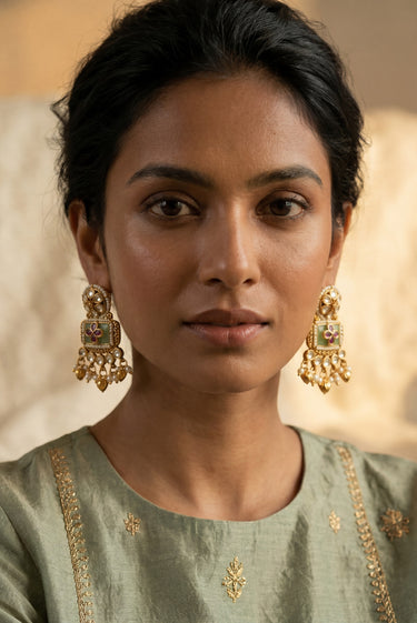 A close up side profile portrait of a model highlighting the intricate seed pearl details and ruby stone work on the Aadhya Kundan earrings.