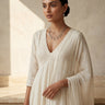 A wide landscape portrait layout of a model wearing the Sania minimalist triple-chain Kundan necklace set with a dark evening dress.