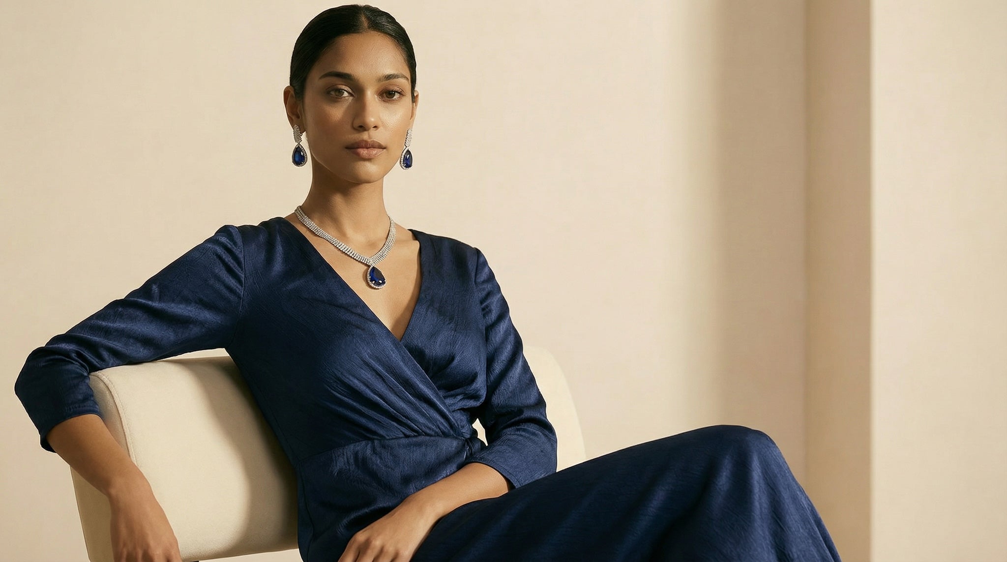 Model wearing Inaury sapphire and diamond necklace and earrings set in elegant navy silk wrap dress - contemporary South Asian luxury jewelry
