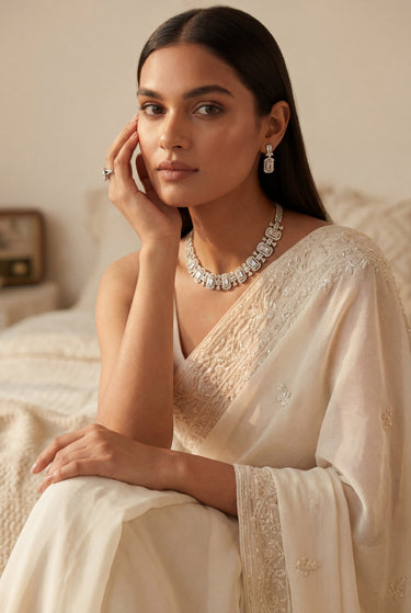 A lifestyle portrait of a model styling the rhodium-plated Shanaya geometric choker and matching earrings with a classic white embroidered saree.