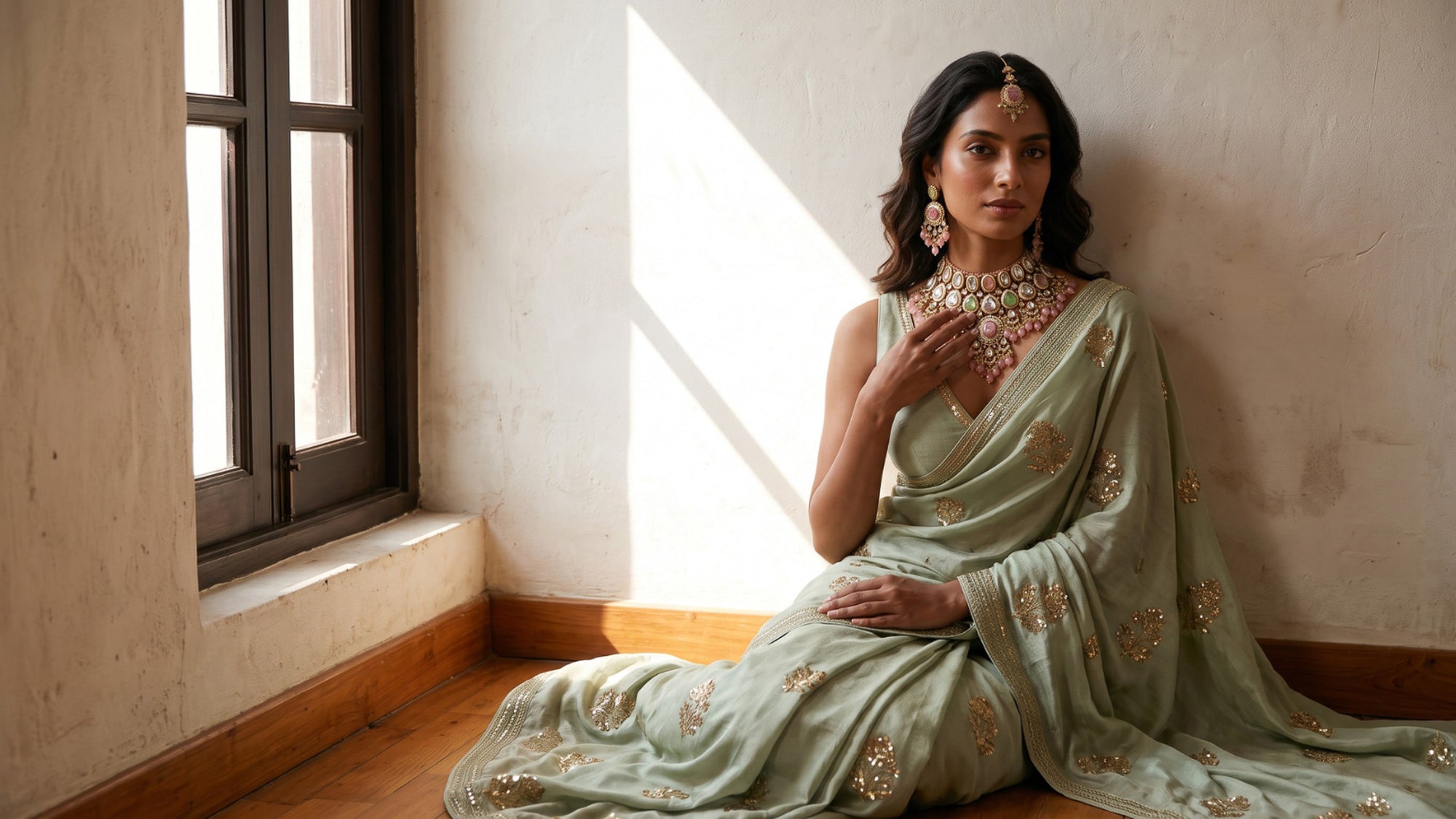 Woman in a sage green saree showcasing a statement gold kundan jewelry set with pink and green stones