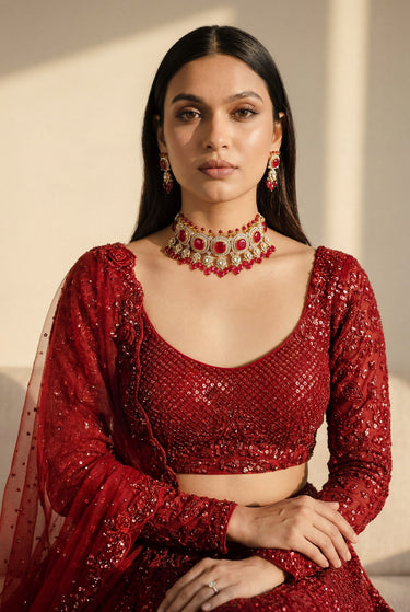 A face-on model portrait styling the Sweta red doublet and polki choker necklace set with a dark formal outfit for an elegant look.