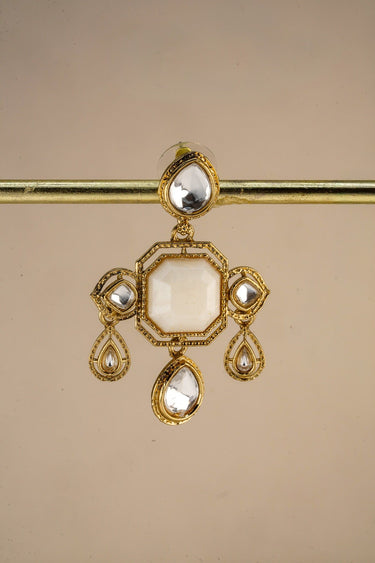 A high resolution single catalog shot highlighting the faceted clear glass crystals and octagonal ivory center of the Zoe earring.