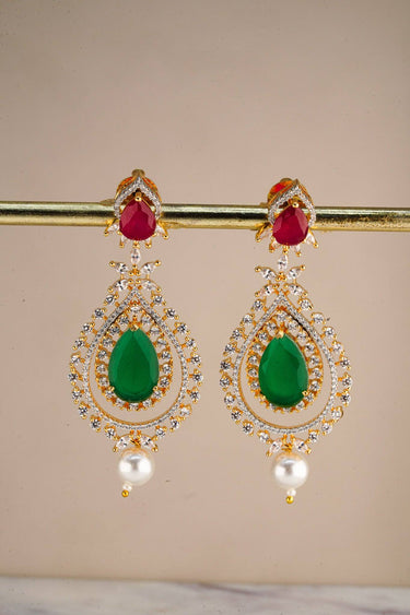 Avira AD Gold Plated Drop Earrings featuring green and red stones