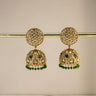 Front view of gold heritage jhumka earrings with floral diamond patterns, dangling pearl beads, and intricate craftsmanship for weddings