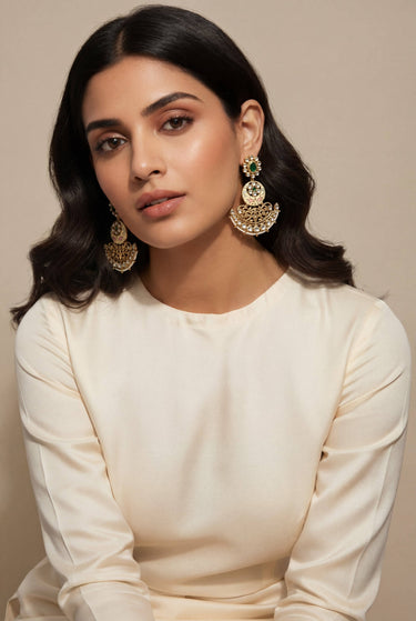 Inaury Saleena Kundan Meenakari Chandbali earrings on model, front-facing view — gold Kundan stud, meenakari enamel disc and pearl-bordered filigree crescent drop