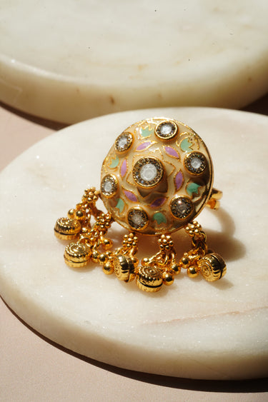 Gold Plated Rajasthani Meenakari Dome Ring with Ghungroo - Tara