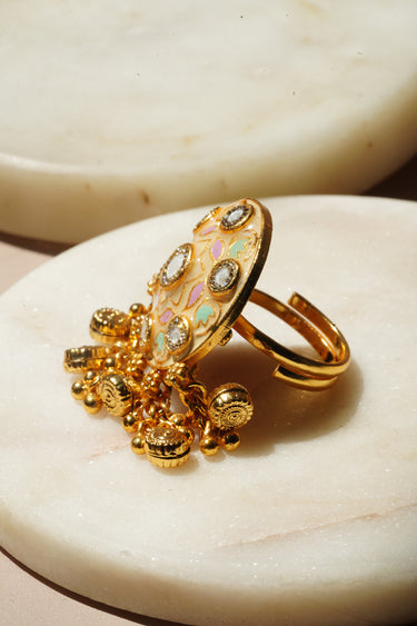 Gold Plated Rajasthani Meenakari Dome Ring with Ghungroo - Tara