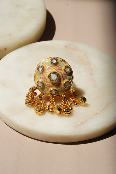 Gold Plated Rajasthani Meenakari Dome Ring with Ghungroo - Tara