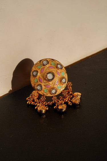 Tara meenakari charm ring front detail showing hand painted pastel pink and mint enamel with stones Inaury