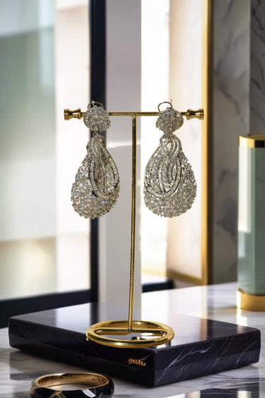 Iqra Rhodium-Plated Indian Statement Earrings with White Diamante, 3-inch long teardrop earrings for weddings.