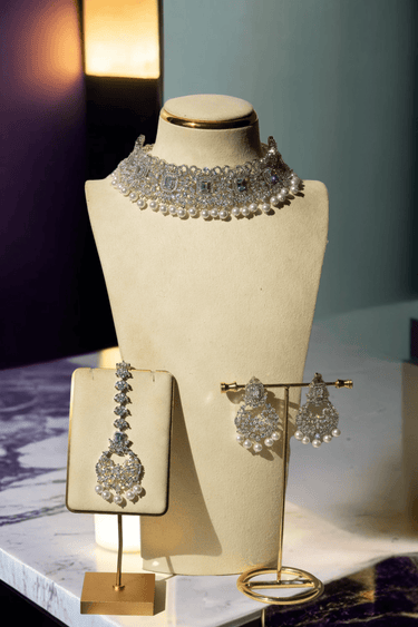 Irma Rhodium Choker Set with Maang Tikka on mannequin