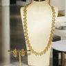 Lama Single Layer Long Diamante Accent AD Necklace Set in rhodium-plated silver or gold finish with intricate floral pattern and matching dangling earrings.