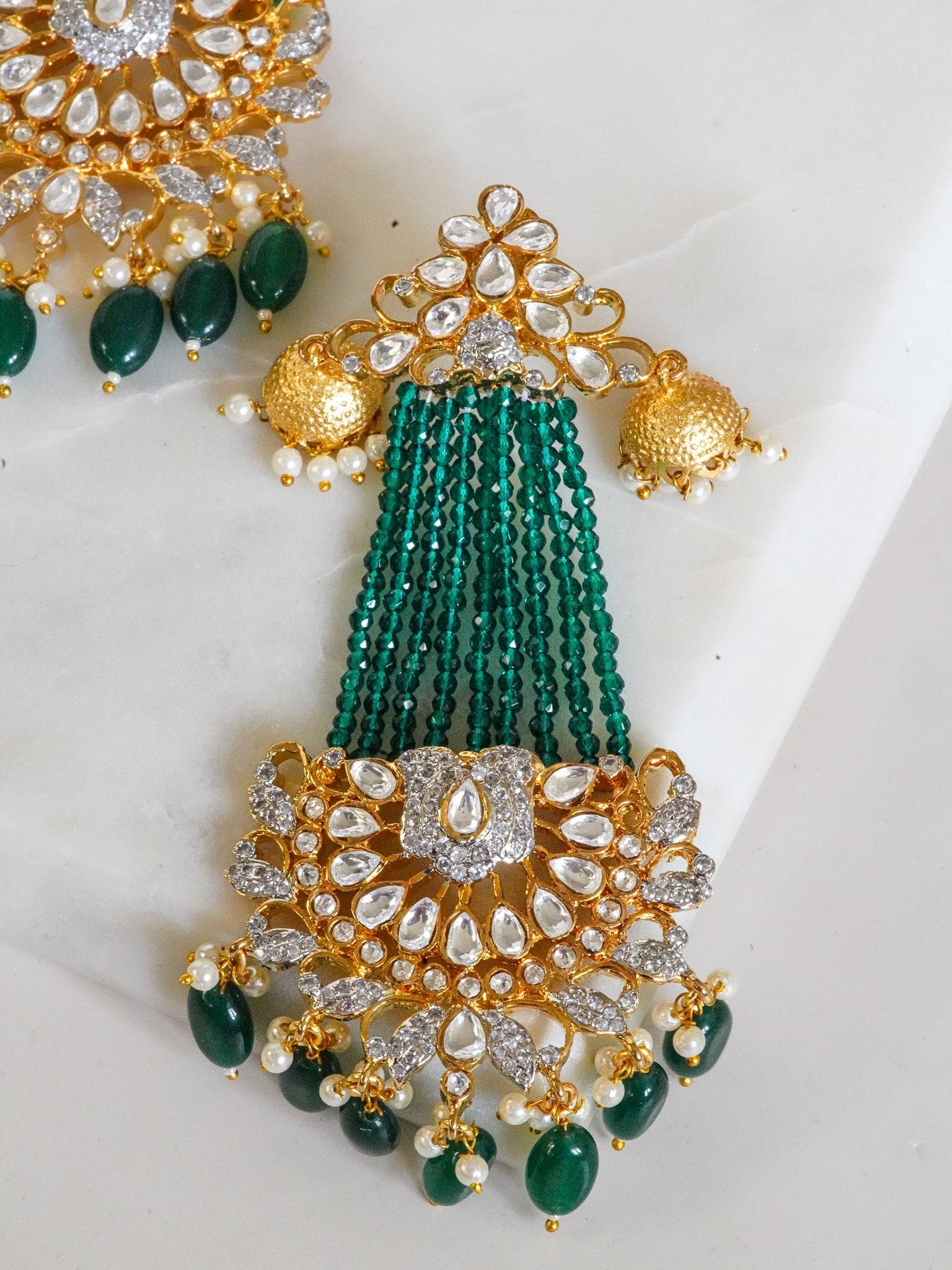 Meenu Chandelier Earrings - Gold plated with green beads, authentic Moissanite Polki, and white Diamante AD stones, featuring mini jhumkas and intricate design.